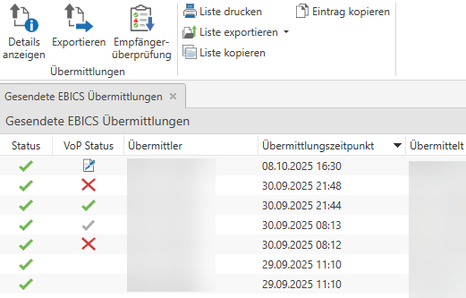 Gesendete EBICS Übermittlungen