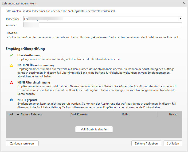 Empfängerüberprüfung VoP Ergebnis abrufen