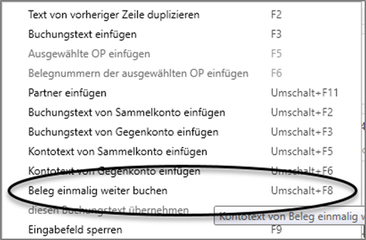 Beleg einmalig weiter buchen