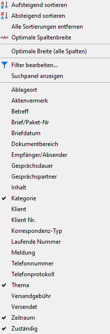 Bearbeiten von Listen - Spaltenauswahl