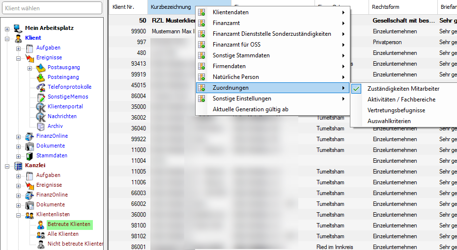 Klientenliste - Spaltenauswahl