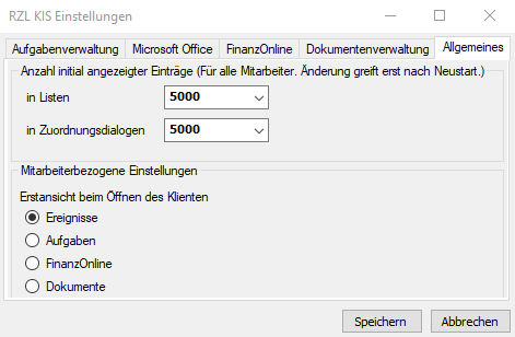 Erstansicht beim Öffnen des Klienten
