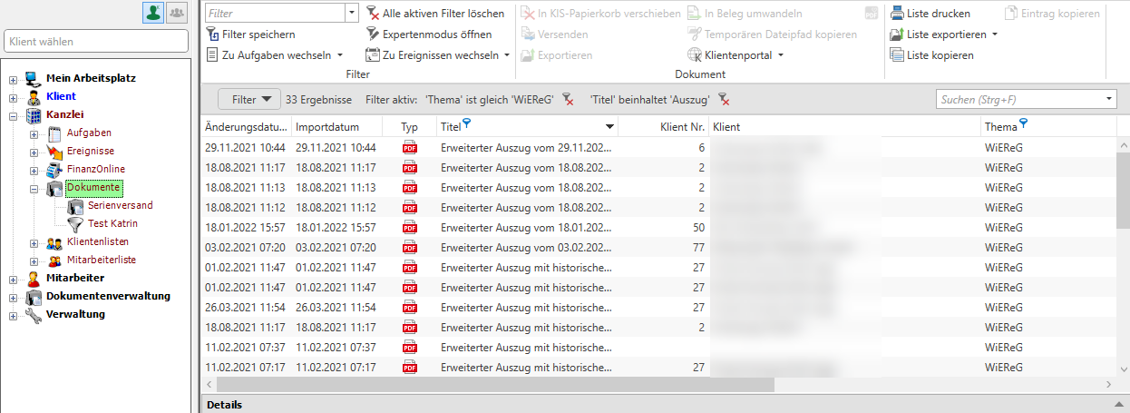 aktiver Filter innerhalb der Dokumentenliste