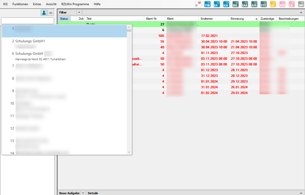 Suche mit Klientenliste