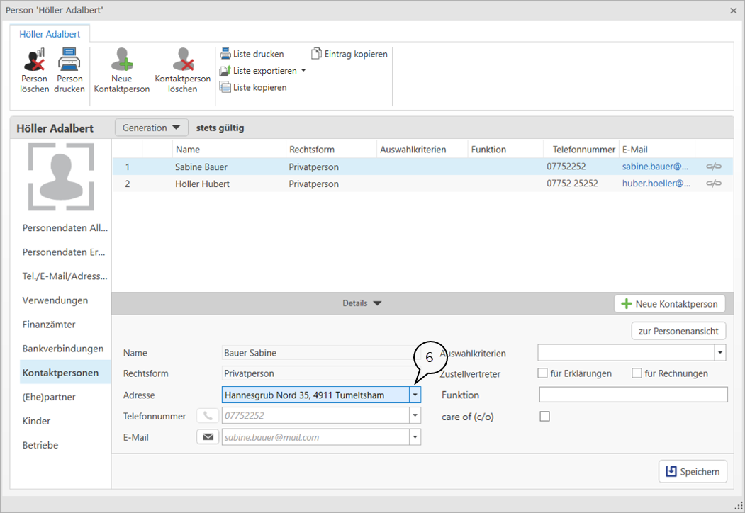 Hinterlegung Adresse bei Kontaktperson