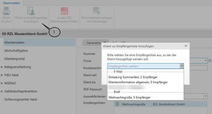 Klient zur Empfängerliste hinzufügen in Stammdaten