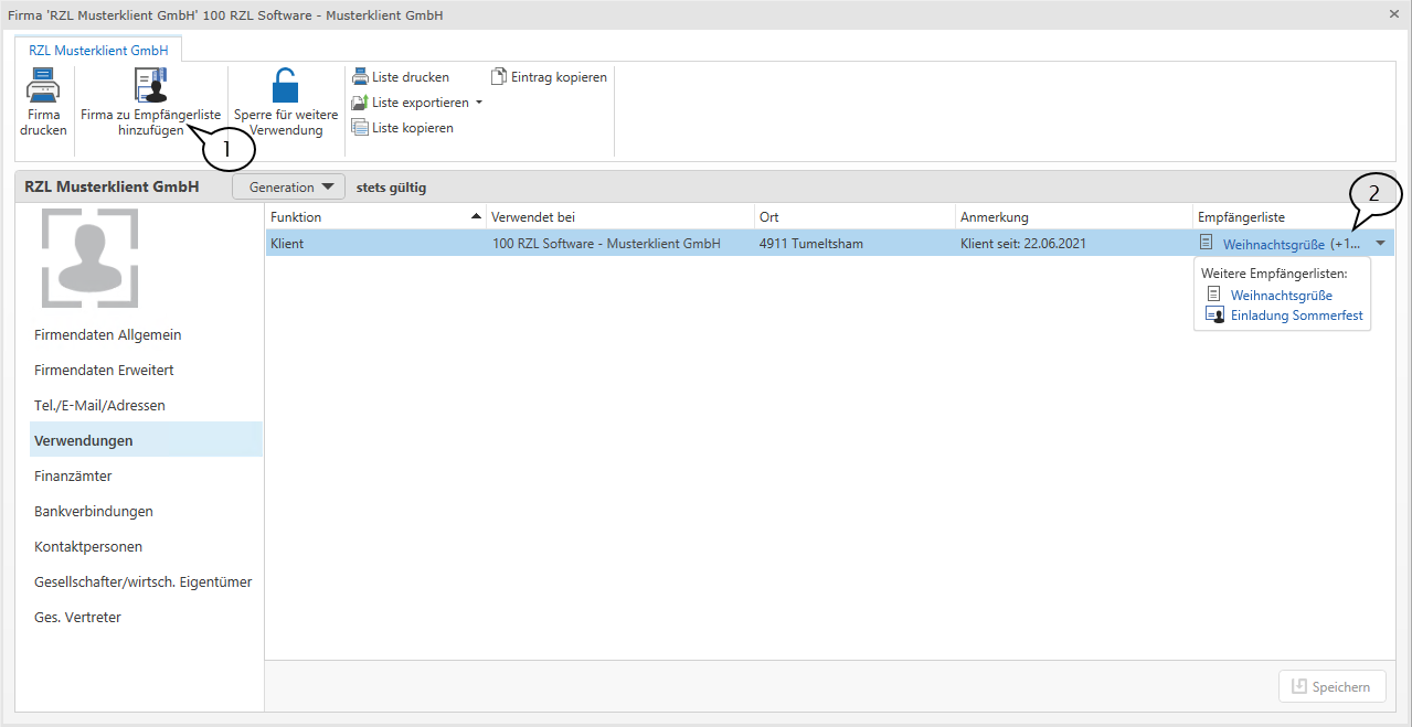 Person/Fimra zu Empfängerliste hinzufügen