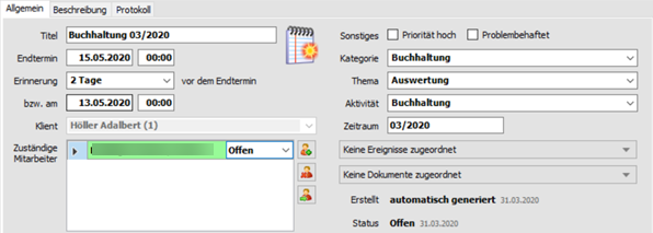 Anzeige Aufgaben im Klientenspiegel