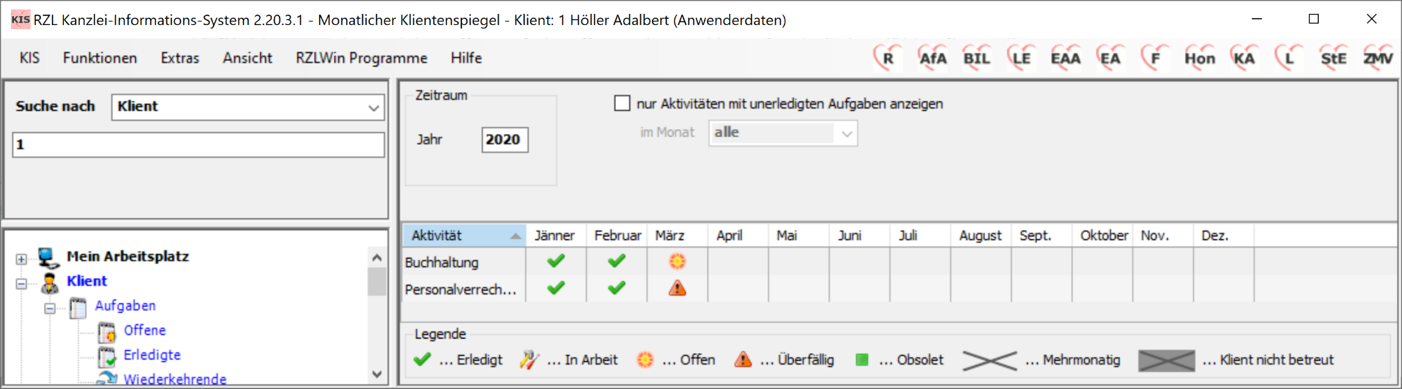 Ausweis offene Aufgaben in monatl Klientenspiegel