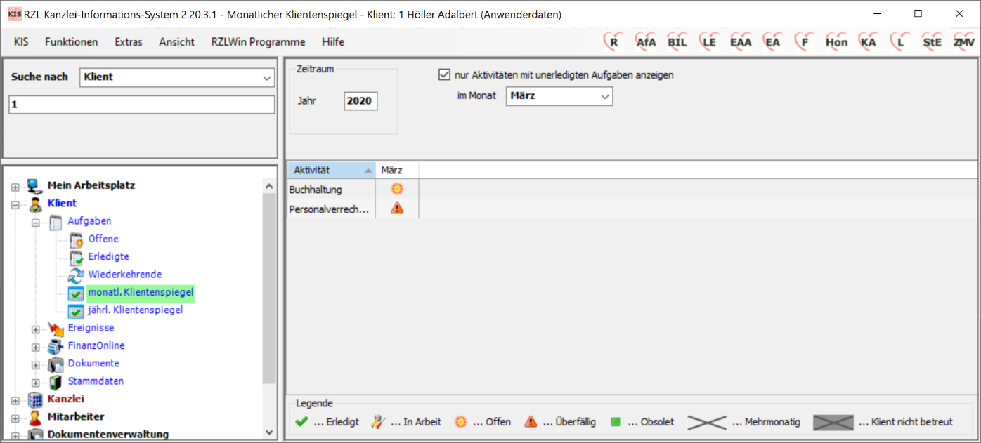 Klientenspiegel einschränken auf unerledigte Aufgaben