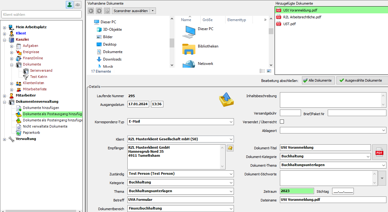 Dokumente als Postein/Postausgang hinzufügen