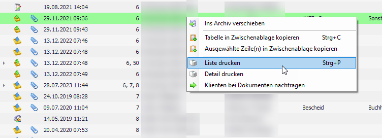 Ereignisliste drucken
