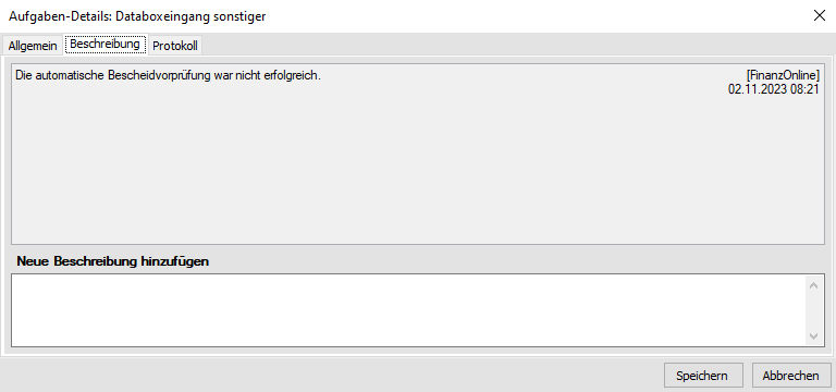 Aufgabenbeschreibung - Bescheidvorprüfung nicht erfolgr