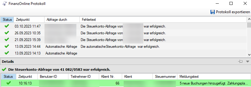 Steuerkonto Protokoll anzeigen