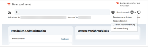 2FA Registrierung Benutzermenü