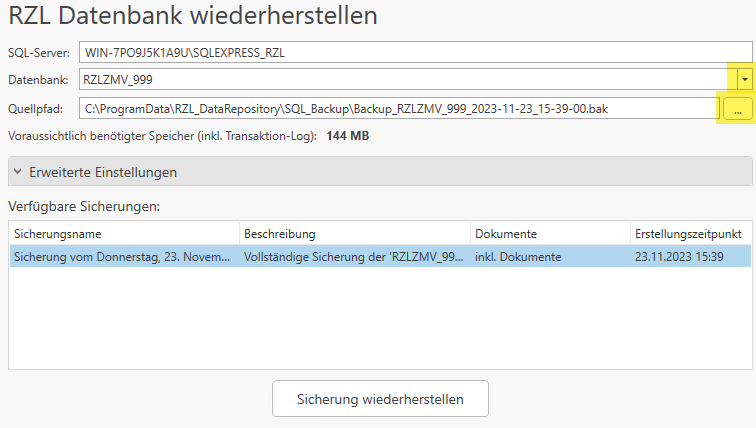 RZL Datenbank wiederherstellen