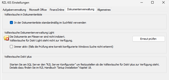 RZL KIS Einstellungen - Dokumentenverwaltung