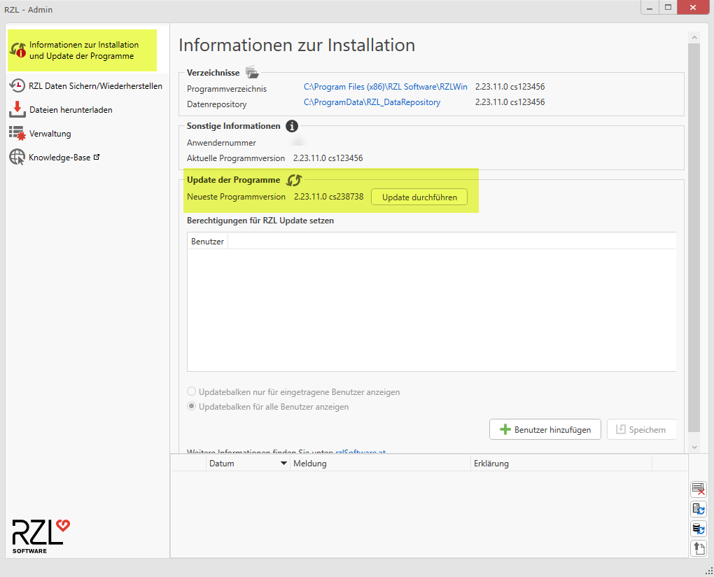 Aktualisierung mit Hilfe des RZL-Admin durchführen