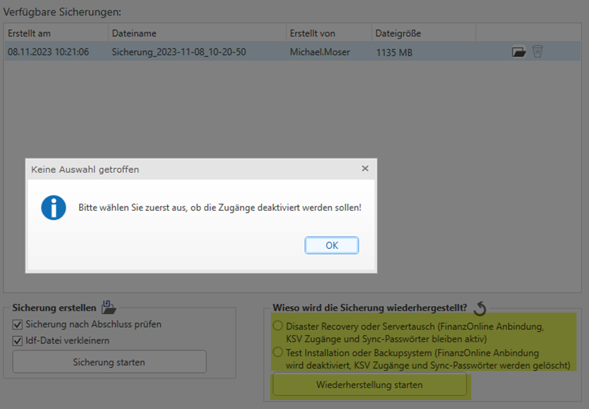 Grund für Wiederherstellung auswählen
