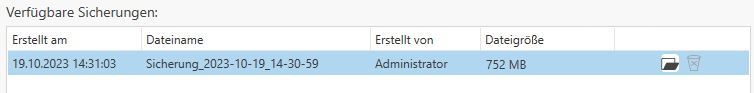 RZL-Admin - Verfügbare Sicherungen markiert