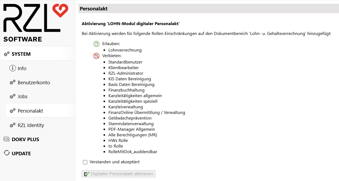 RZL Dienst - Personalakt aktivieren