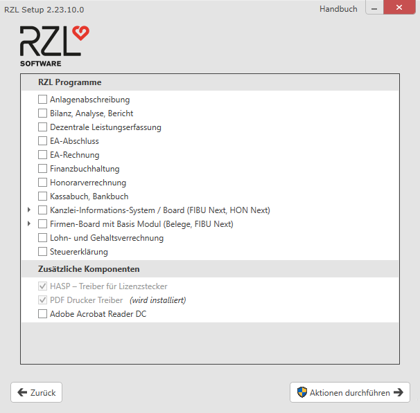 RZL-Setup - Auswahl der lizenzierten RZL-Programme